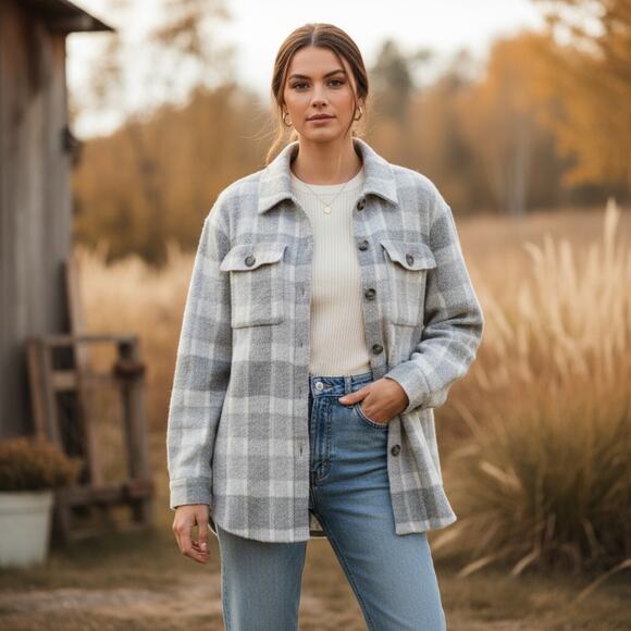 William Rast Fuzzy Soft Plaid Button Front Shacket Md Cozy Minimalist Fall Layer - Picture 1 of 9